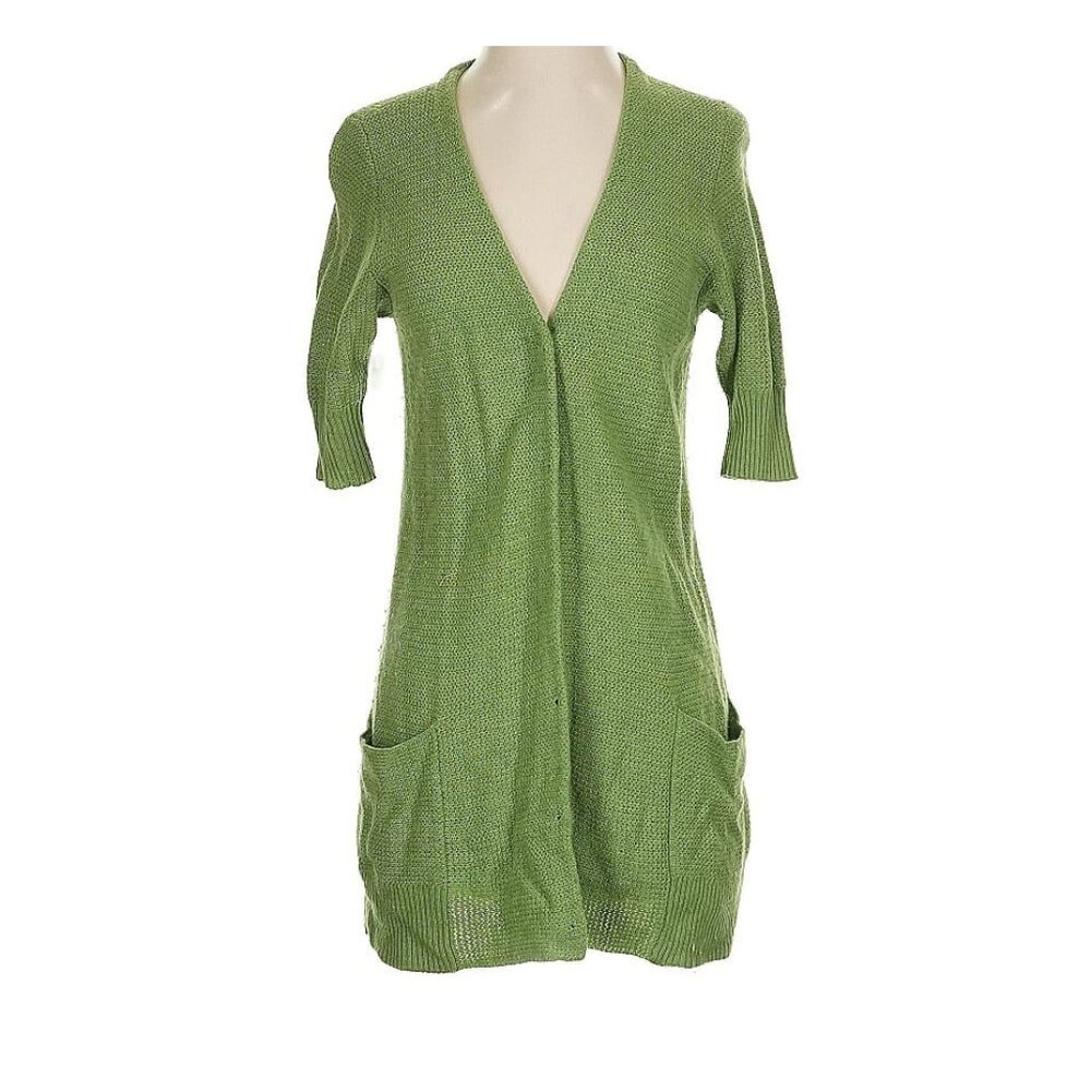 Eileen Fisher short sleeve green long cardigan button wool viscose cashmere PS